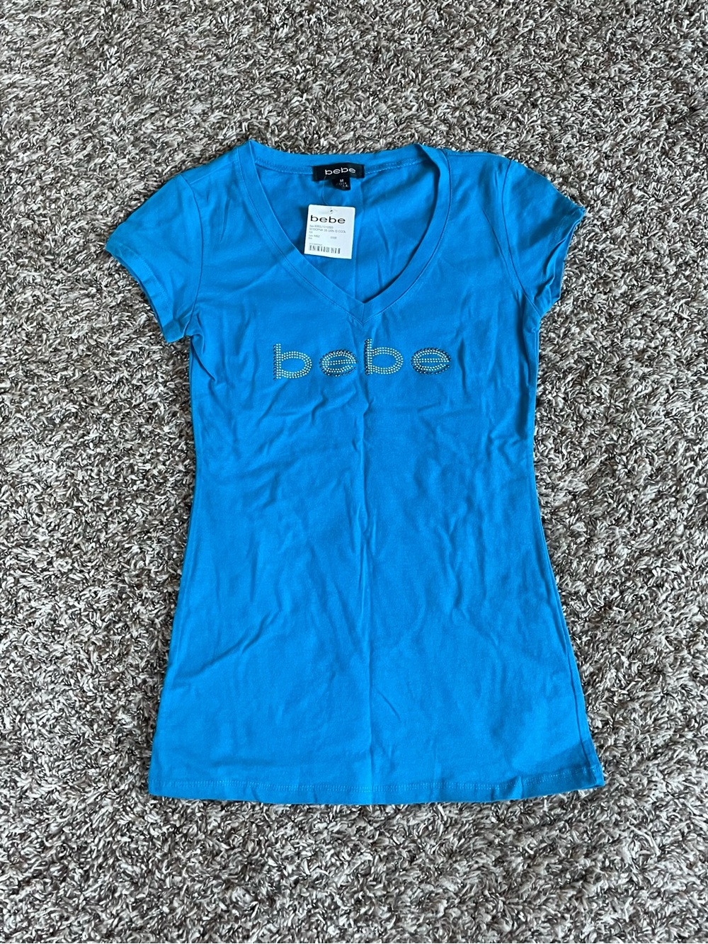 bebe V-Neck Rhinestone Logo Tee - Bright Blue